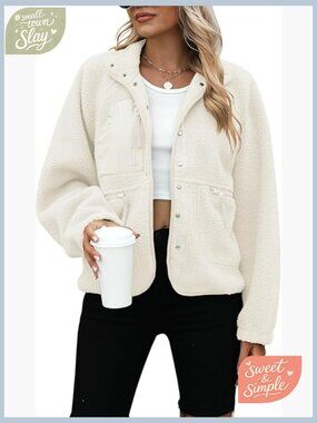 Womens Sherpa Fleece Jacket Fuzzy Button Down Long Sleeve Winter Coat with